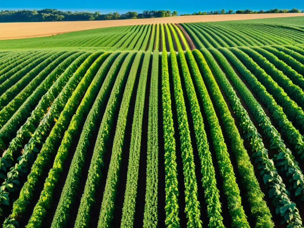 Un campo exuberante y verde se extiende bajo un cielo azul claro, con el sol proyectando un cálido resplandor sobre el paisaje ondulado