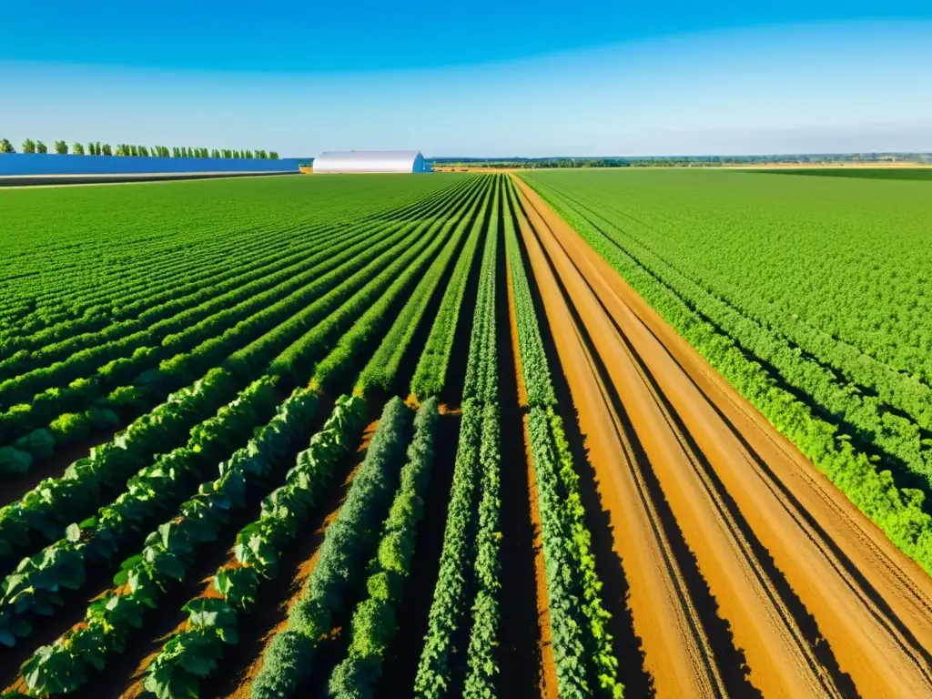 Un campo exuberante y verde se extiende hasta el horizonte, con plantas vibrantes y cielo azul