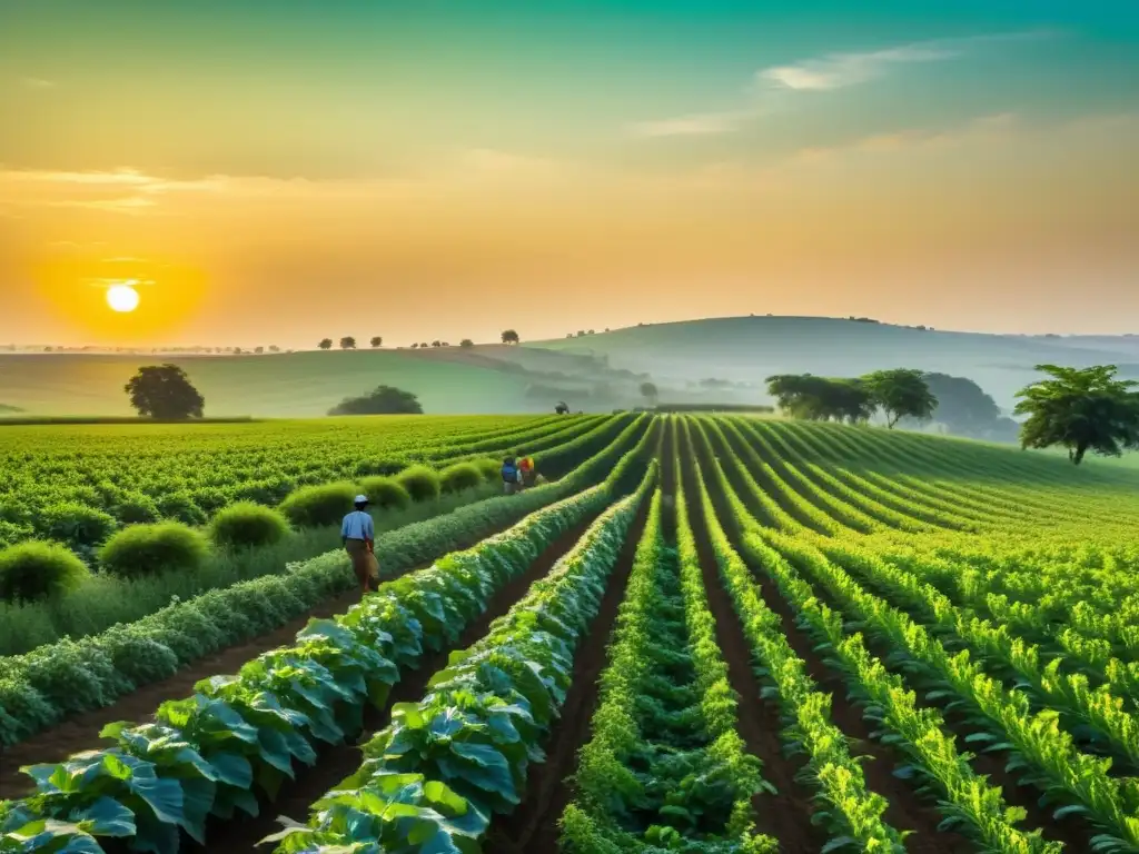 Un campo exuberante y vibrante, donde agricultores trabajan en armonía con la naturaleza