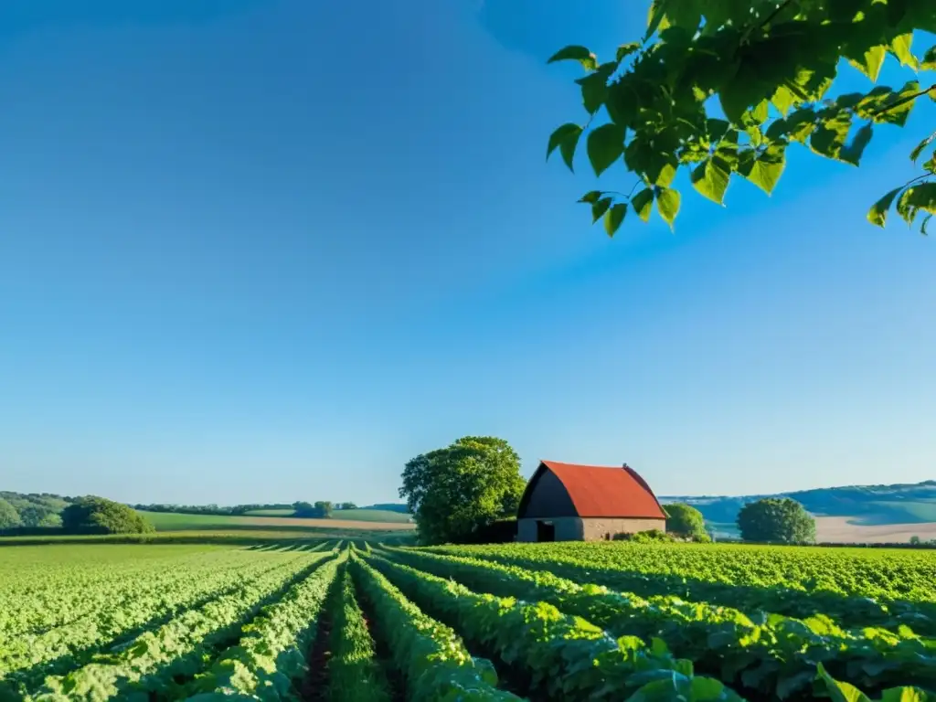 Un campo exuberante y vibrante se extiende bajo un cielo azul claro, con cultivos ordenados que se extienden hacia el horizonte