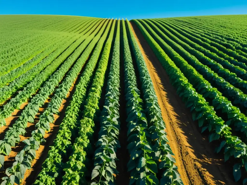 Un campo agrícola orgánico exuberante y vibrante bajo el cielo azul, evocando armonía y productividad en la agricultura orgánica