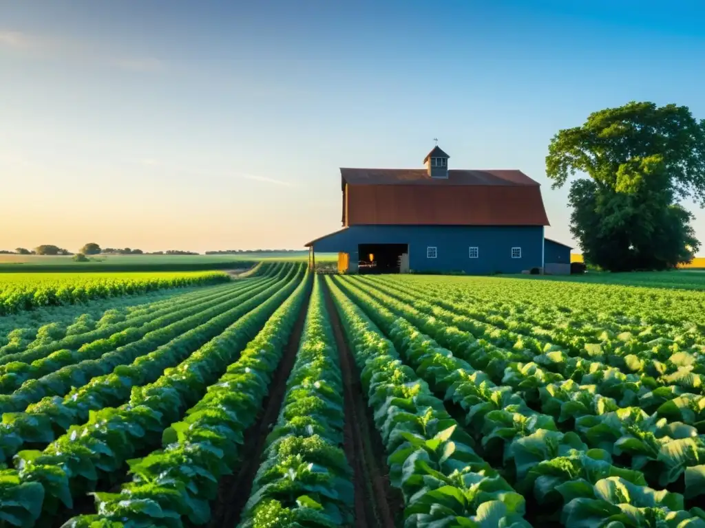 Un campo agrícola exuberante y vibrante se extiende bajo un cielo azul claro