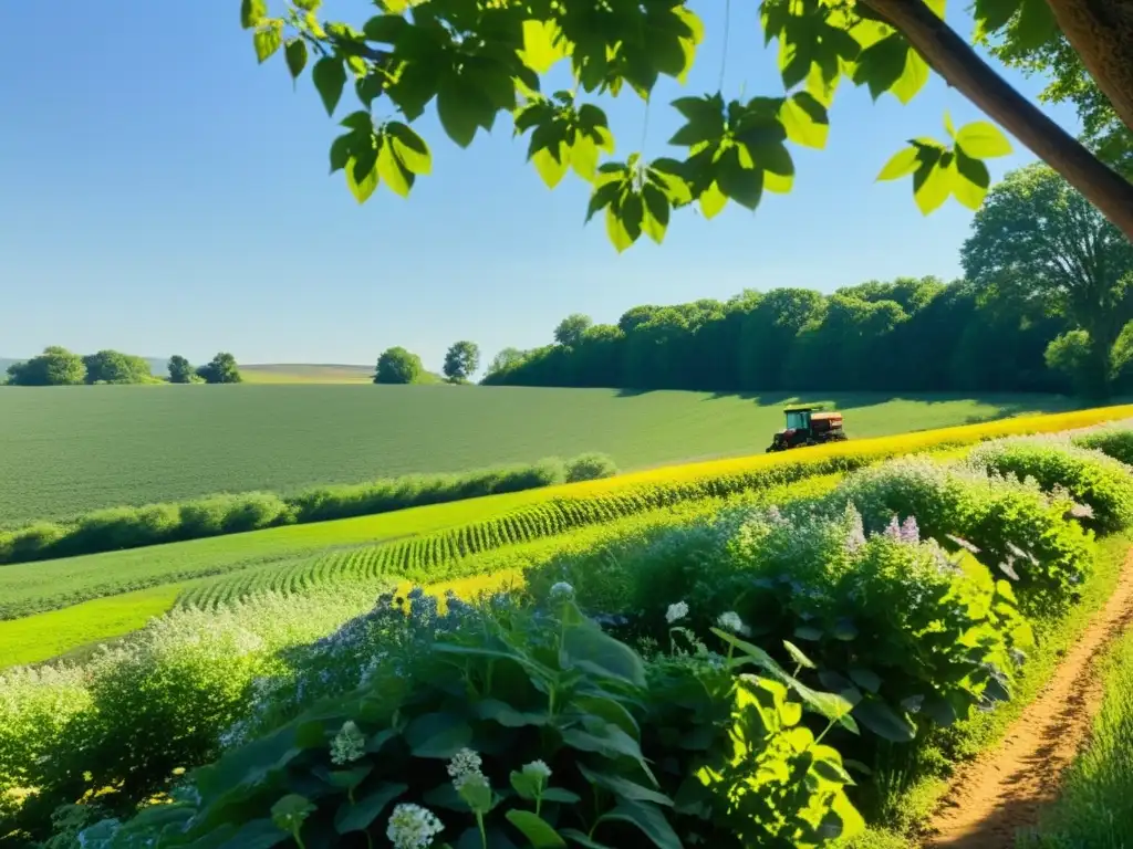 Un campo exuberante y vibrante, con cultivos saludables y flores silvestres