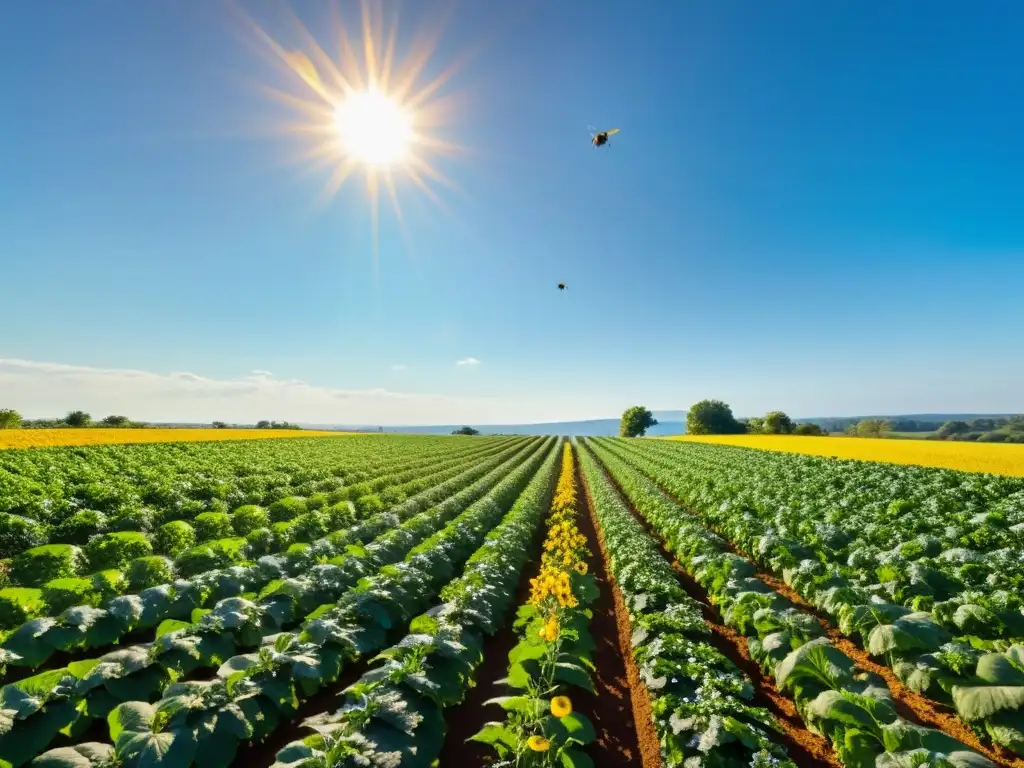 Un campo exuberante y vibrante de cultivos orgánicos bajo el sol dorado, con detalles naturales y biodiversidad