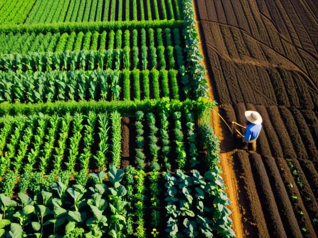 Un campo exuberante y vibrante de cultivos orgánicos, con suelo fértil y diversa vida microbiana