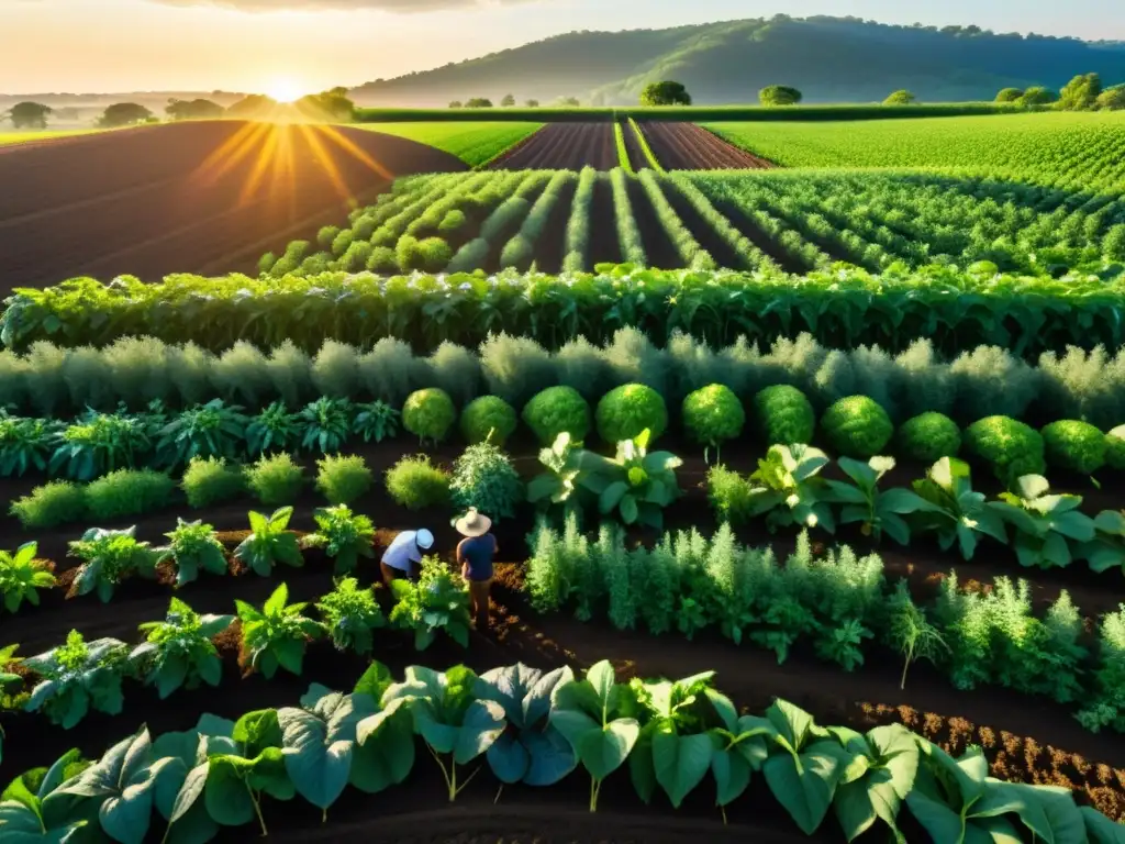 Un campo exuberante y vibrante de cultivos orgánicos, con suelo fértil y lleno de microorganismos