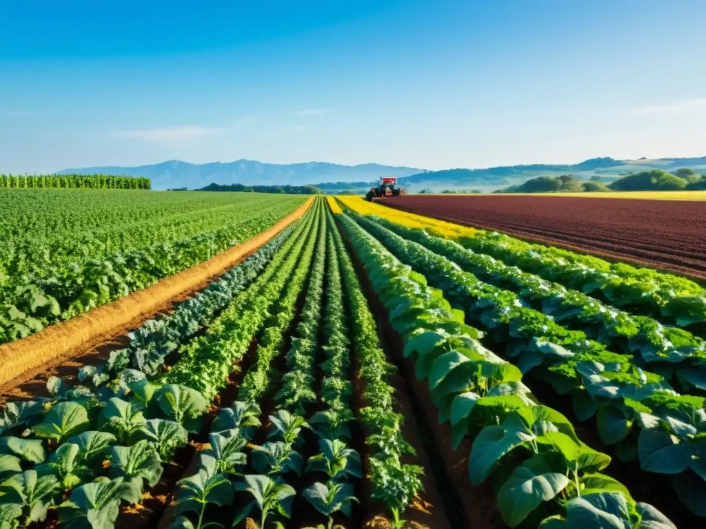 Un campo exuberante y vibrante con cultivos en rotación agroecológica bajo el sol brillante y cielo azul