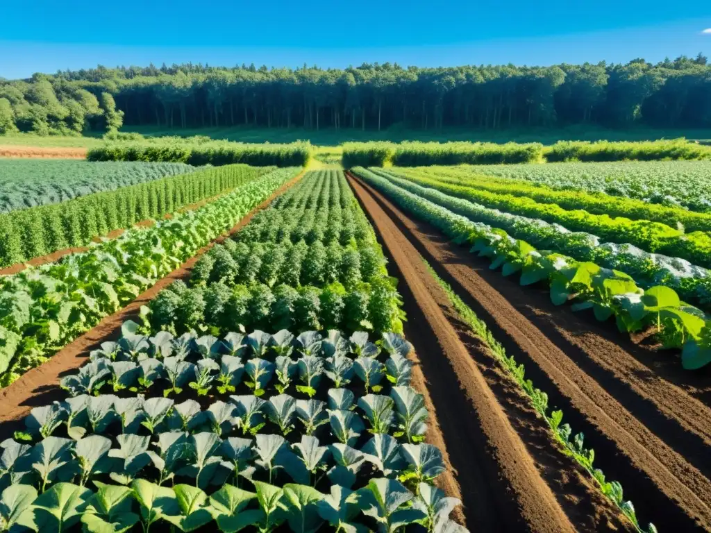 Un campo exuberante y vibrante de cultivos regenerativos se extiende bajo un cielo azul claro, mostrando la interconexión con la naturaleza