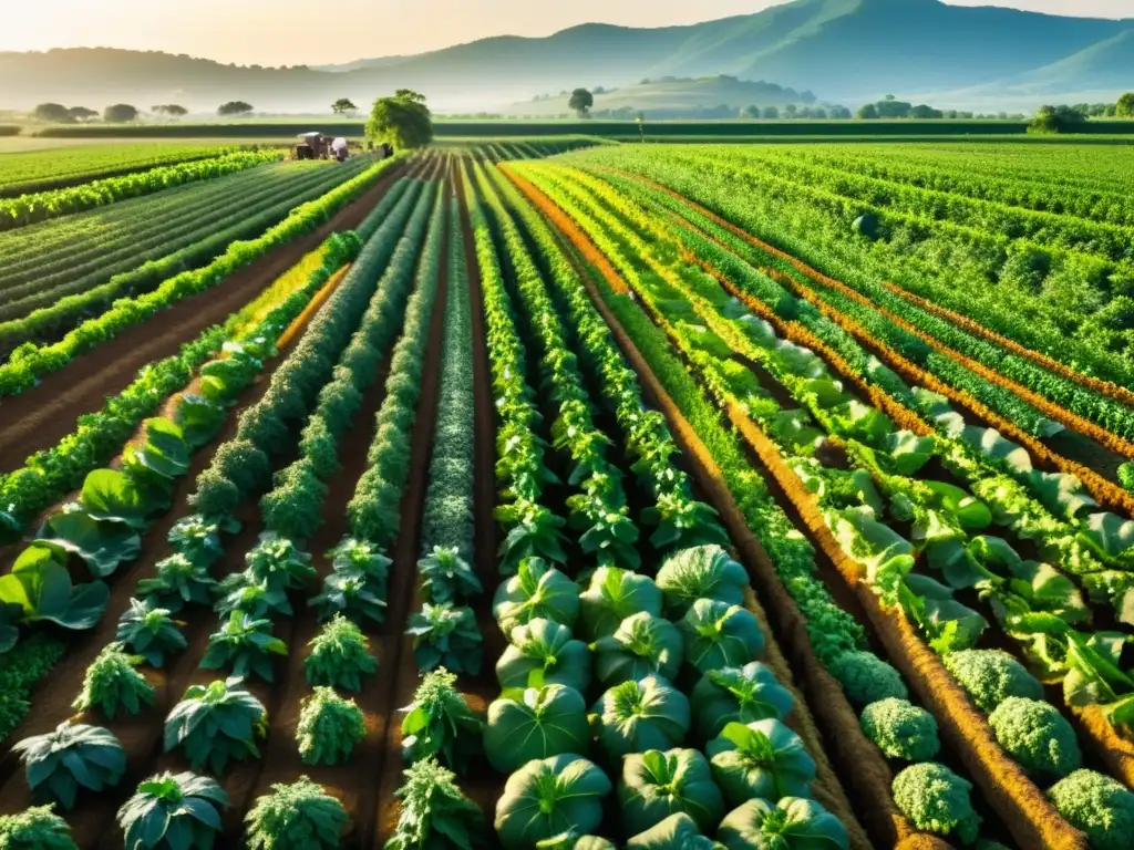 Un campo exuberante y vibrante de cultivos orgánicos, bañado por el cálido sol