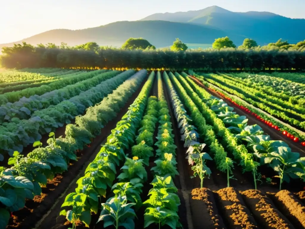 Un campo exuberante y vibrante con cultivos diversos en armonía, resaltando los beneficios de la diversidad en agricultura orgánica