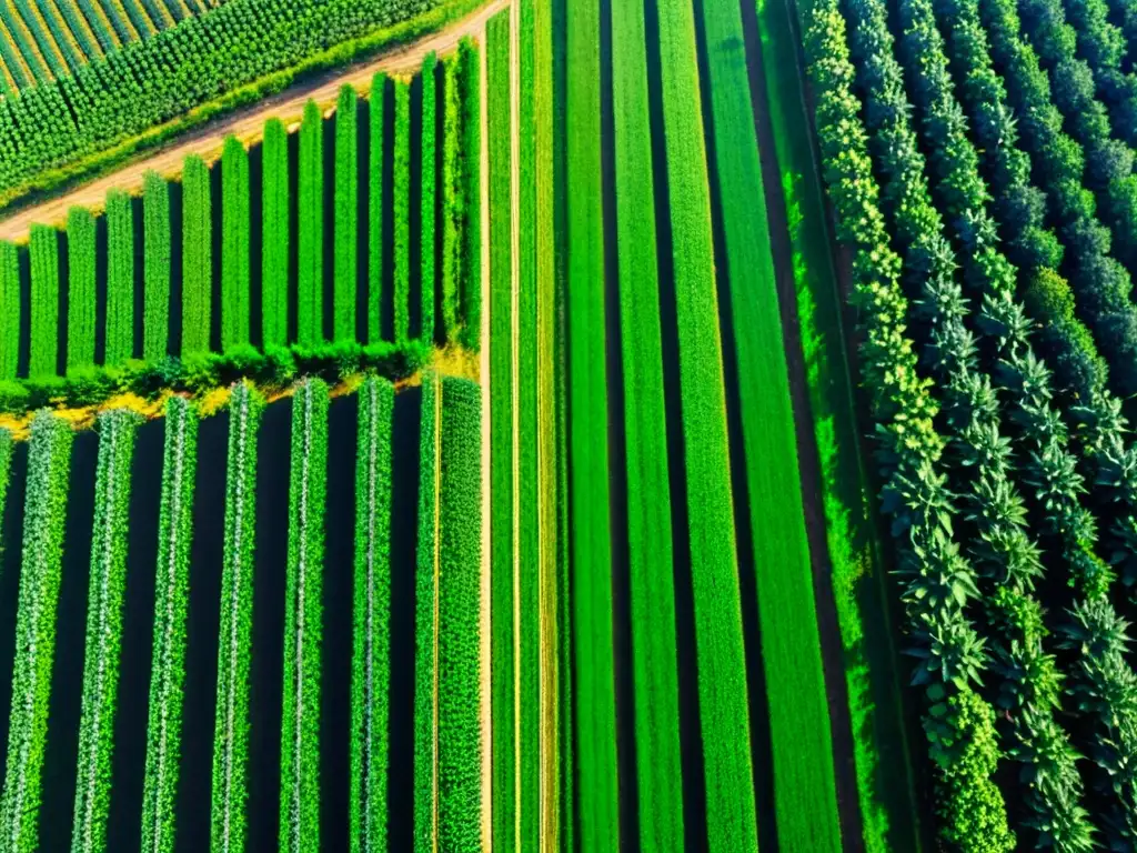 Un campo exuberante y vibrante de cultivos verdes se extiende hacia el horizonte bajo un cielo azul claro