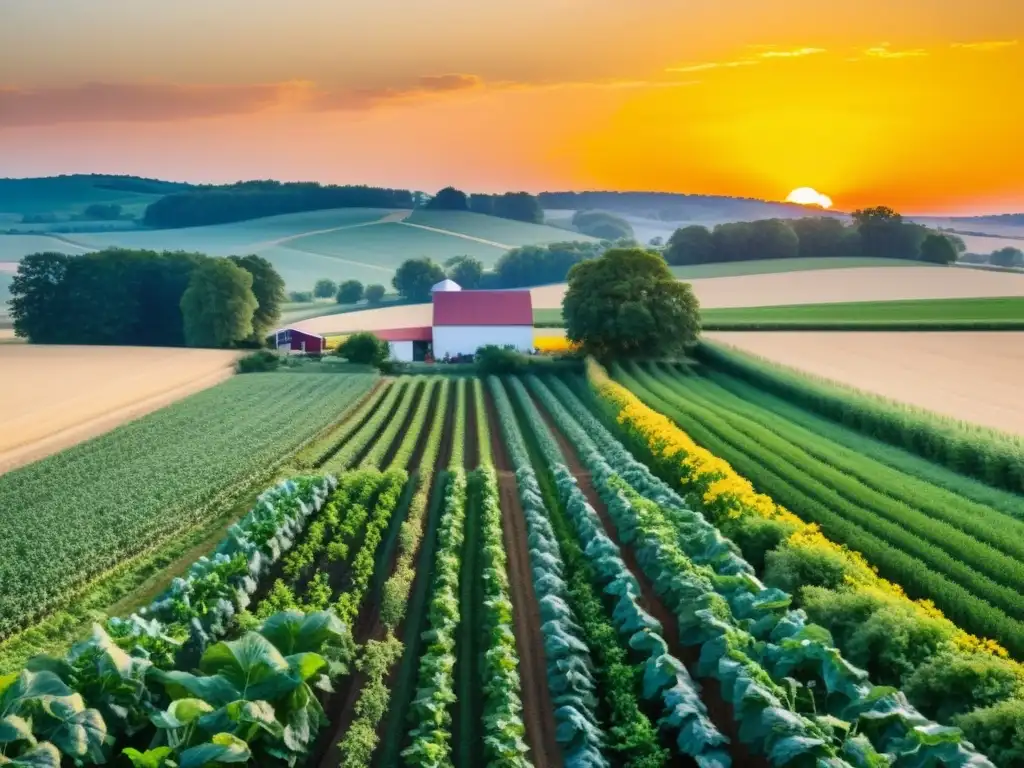 Un campo exuberante y vibrante con cultivos variados, bañado por el cálido sol