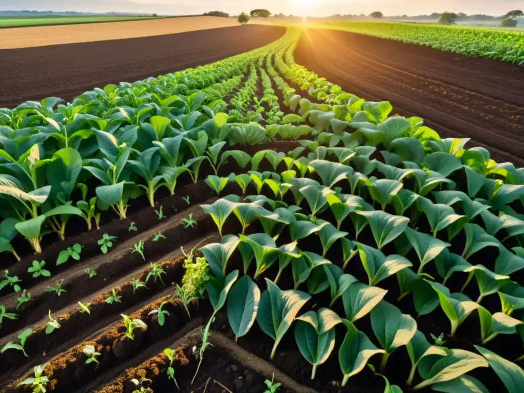 Un campo exuberante y vibrante con diversidad de cultivos, suelo saludable y vida microbiana