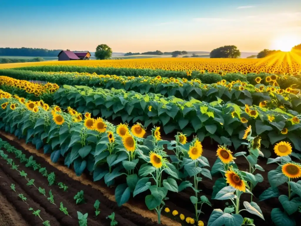 Campo agrícola exuberante y vibrante con diversidad de cultivos, bajo el cálido sol