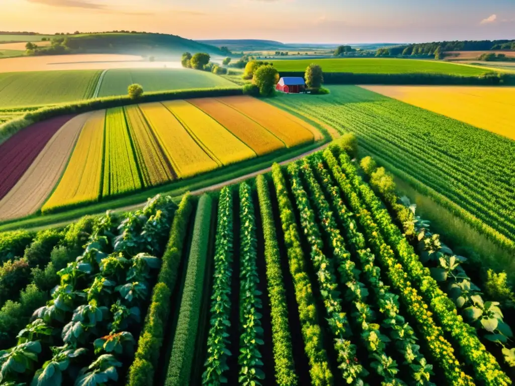 Un campo exuberante y vibrante dividido en secciones, cada una con un cultivo distinto en hileras perfectas