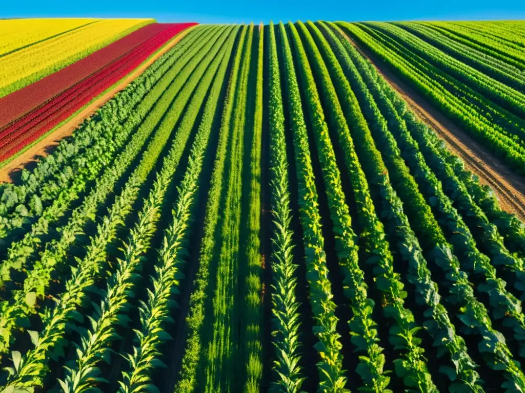 Un campo exuberante y vibrante con hileras de diferentes cultivos se extiende hacia el horizonte bajo un cielo azul claro