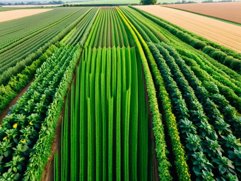 Un campo exuberante y vibrante con hileras de cultivos en tonos verdes