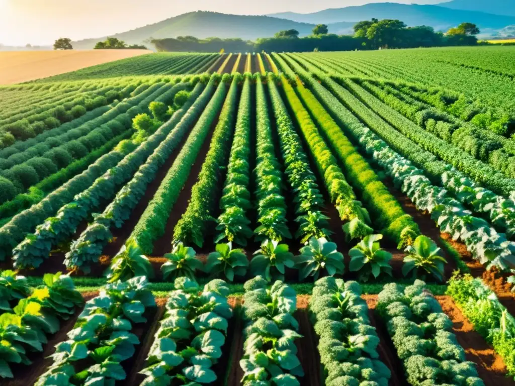 Un campo exuberante y vibrante lleno de frutas y verduras orgánicas, cuidadas con esmero, bajo el sol