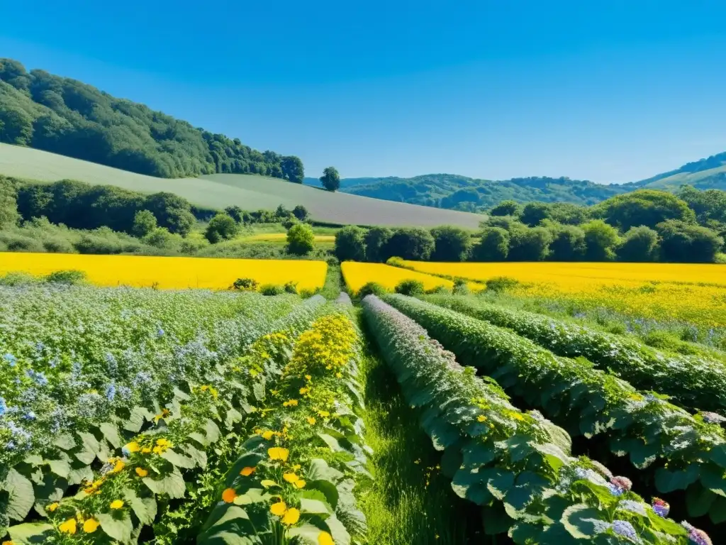 Un campo agrícola exuberante y vibrante con reforestación y agricultura orgánica, donde la vida silvestre se mezcla en una armoniosa alianza natural