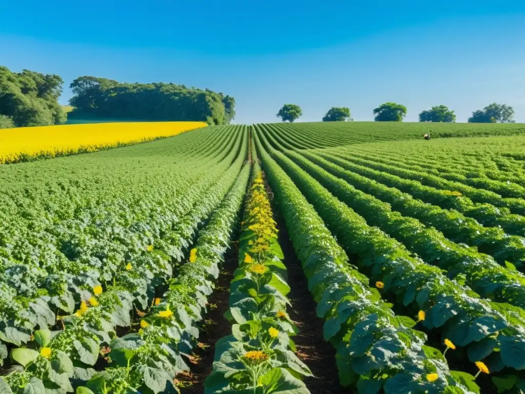 Un campo exuberante y vibrante con plantas, insectos y animales en armonía