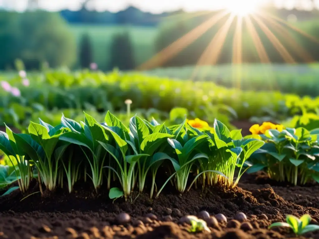 Un campo exuberante y vibrante con plantas y flores diversas, suelo fértil y organismos beneficiosos