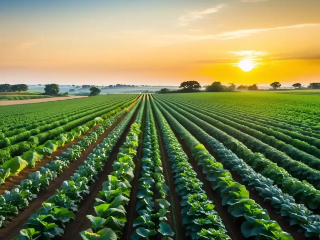 Un campo agrícola exuberante se extiende hasta donde alcanza la vista, con cultivos vibrantes y saludables