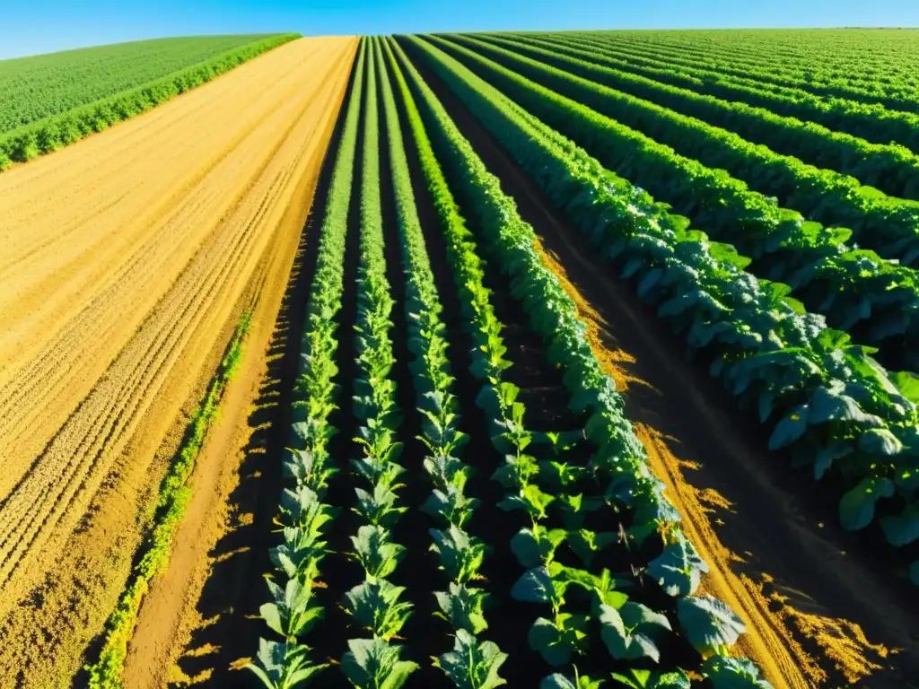 Un campo fértil con cultivos diversos bañados por la luz dorada del sol, simbolizando el futuro biotecnológico de los fertilizantes orgánicos