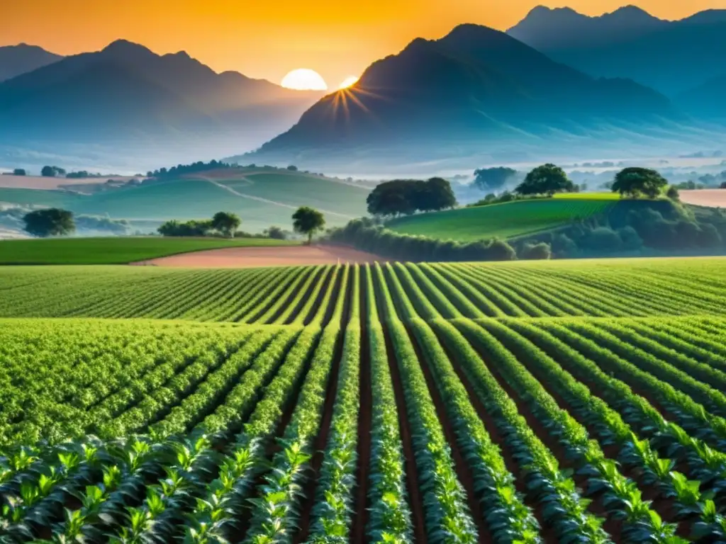 Campo fértil de cultivos orgánicos con luz dorada del atardecer sobre montañas distantes, resaltando la importancia del pH del suelo