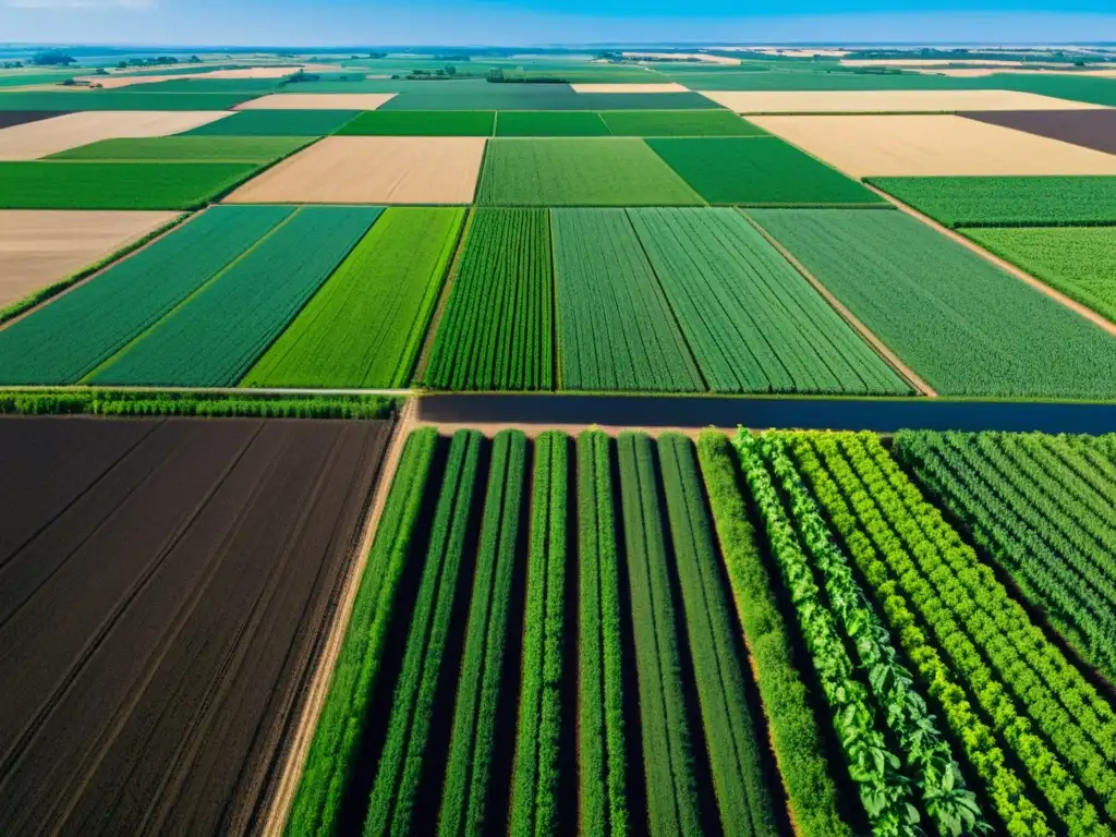 Campo fértil y simétrico, cultivos verdes contrastan con suelo oscuro