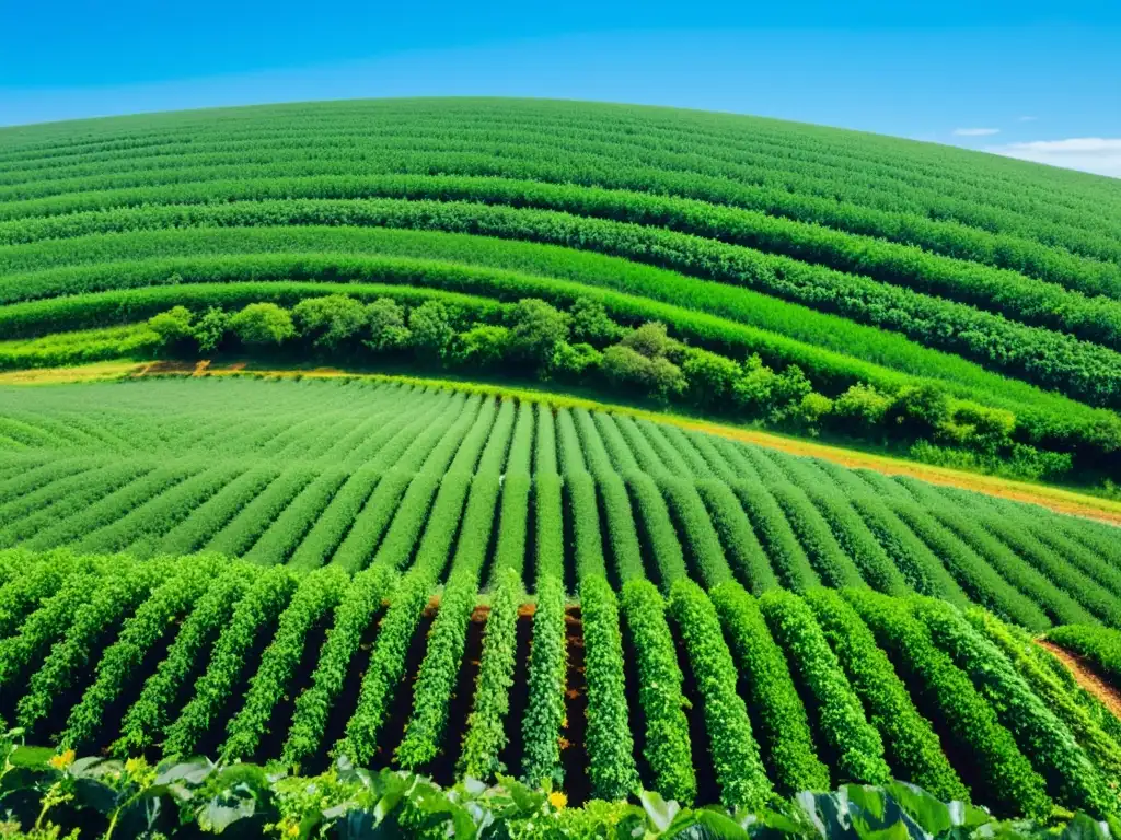 Campo fértil con cultivos verdes, cielo azul y colinas