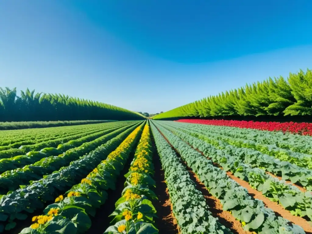 Campo fértil con cultivos vibrantes bajo el sol, exuda sostenibilidad y vitalidad