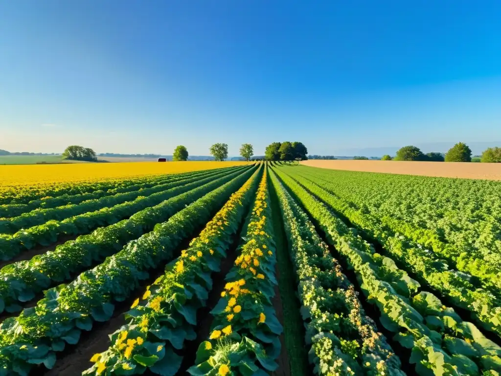 Un campo fértil y exuberante bajo el cielo azul, con cultivos saludables que se extienden hacia el horizonte