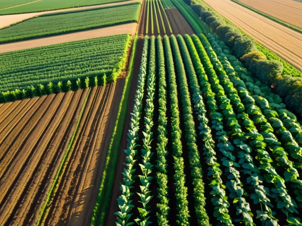 Campo fértil con rotación de cultivos, suelo saludable y armonía en la agricultura orgánica bajo la cálida luz del sol