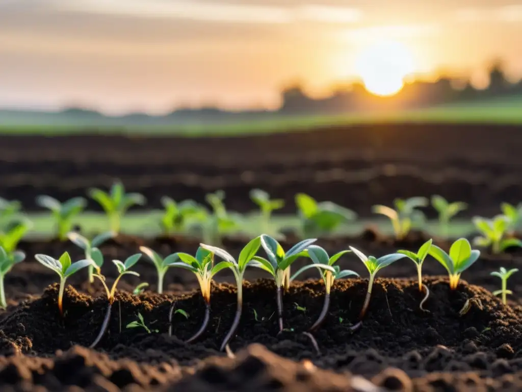 Campo fértil con tierra oscura y abundantes plantas, muestra la importancia de la nutrición del suelo para la producción orgánica