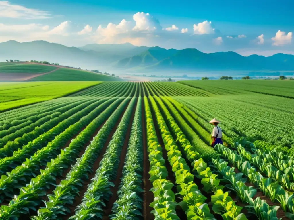 Un campo fértil y vasto se extiende con cultivos verdes y un granjero atendiendo las plantas con fertilizantes orgánicos, en armonía con la naturaleza