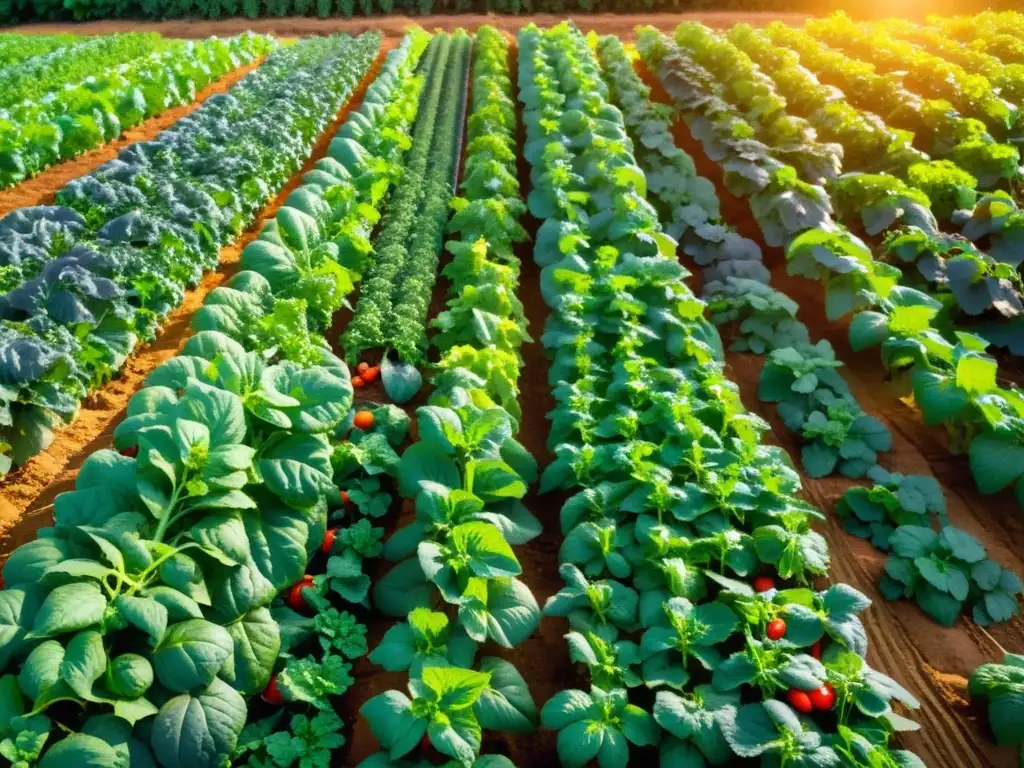 Un campo fértil y vibrante rebosante de alimentos orgánicos, como tomates jugosos, verdes hojas y fresas maduras, bañados por el cálido sol