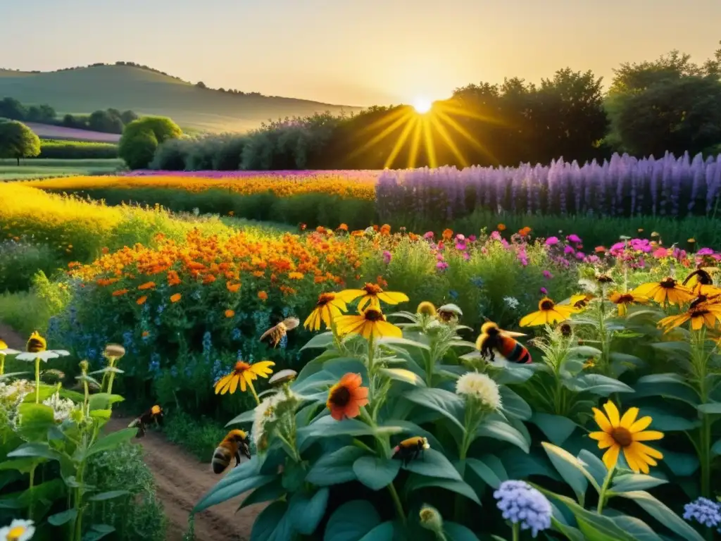 Campo de flores orgánico con insectos beneficiosos en agricultura orgánica, bañado por cálida luz dorada