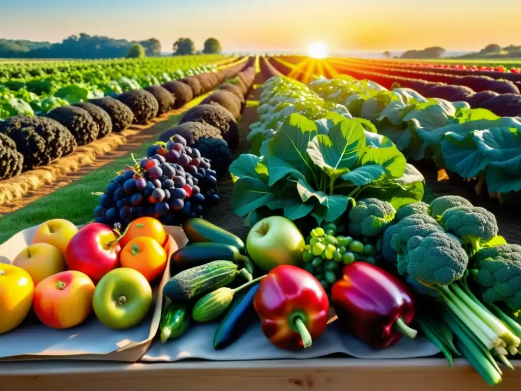 Un campo frondoso y vibrante lleno de filas de frutas y verduras orgánicas coloridas, bañado por el cálido sol