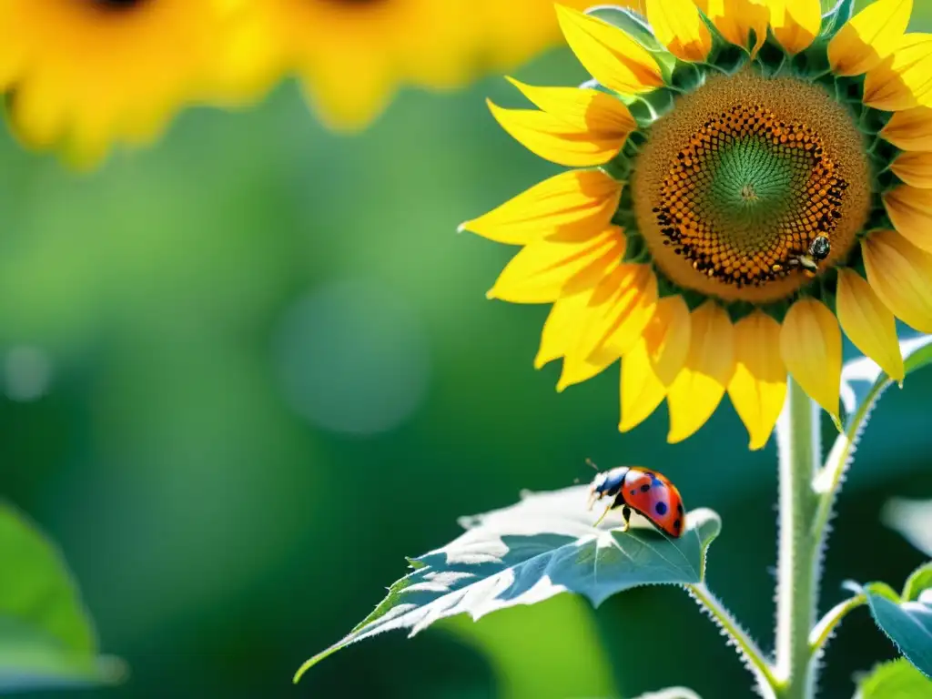 Un campo de girasoles con insectos beneficiosos en granjas orgánicas