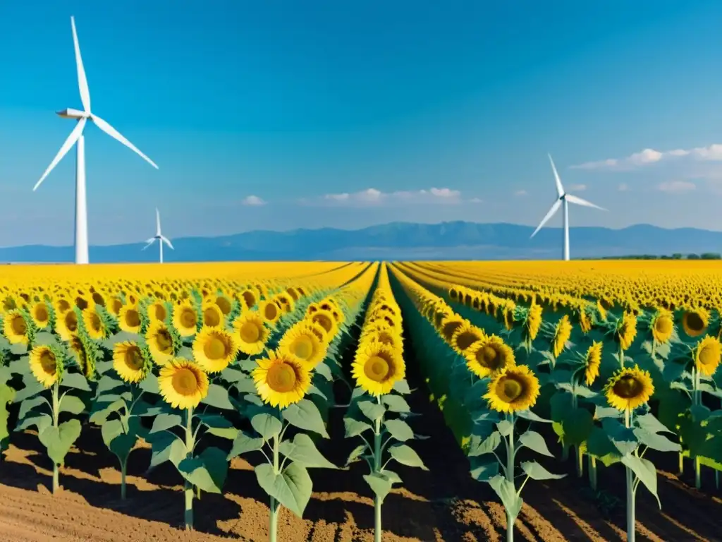 Campo de girasoles con molino eólico, integrando energías renovables en la producción de alimentos orgánicos