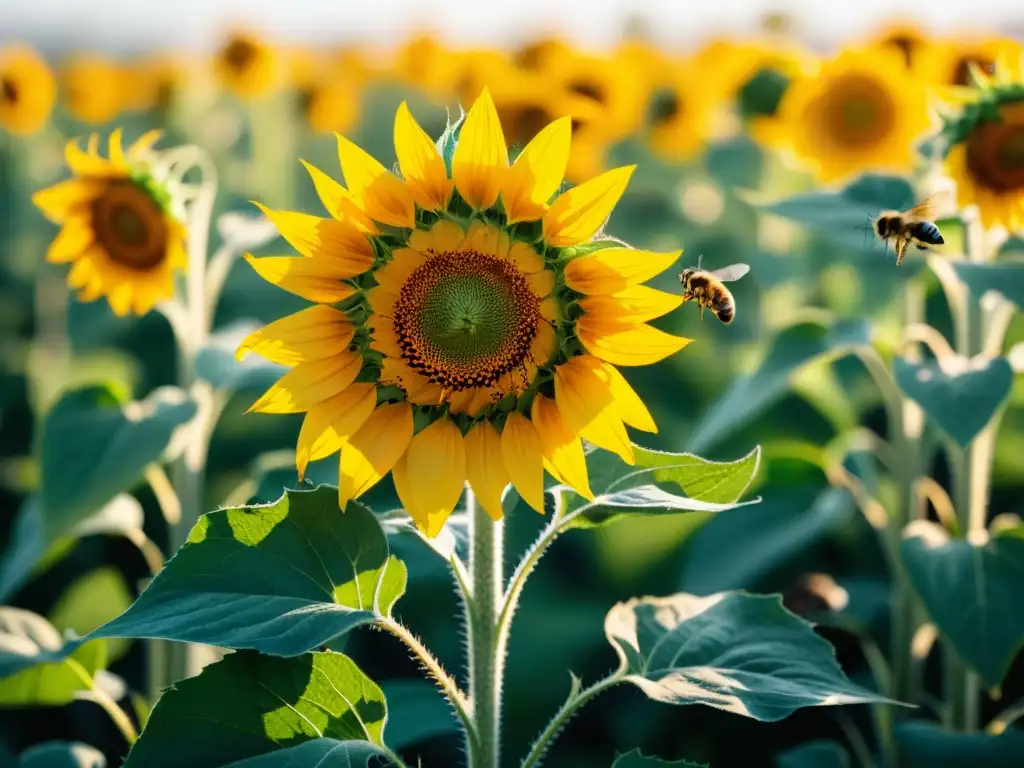 Campo de girasoles vibrantes al amanecer, con polinizadores activos