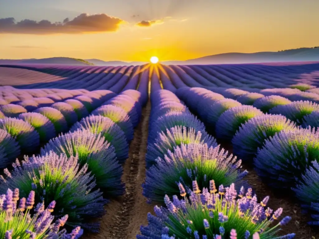 Un campo de lavanda orgánica exuberante y vibrante se extiende hacia el horizonte al atardecer, con colinas onduladas al fondo