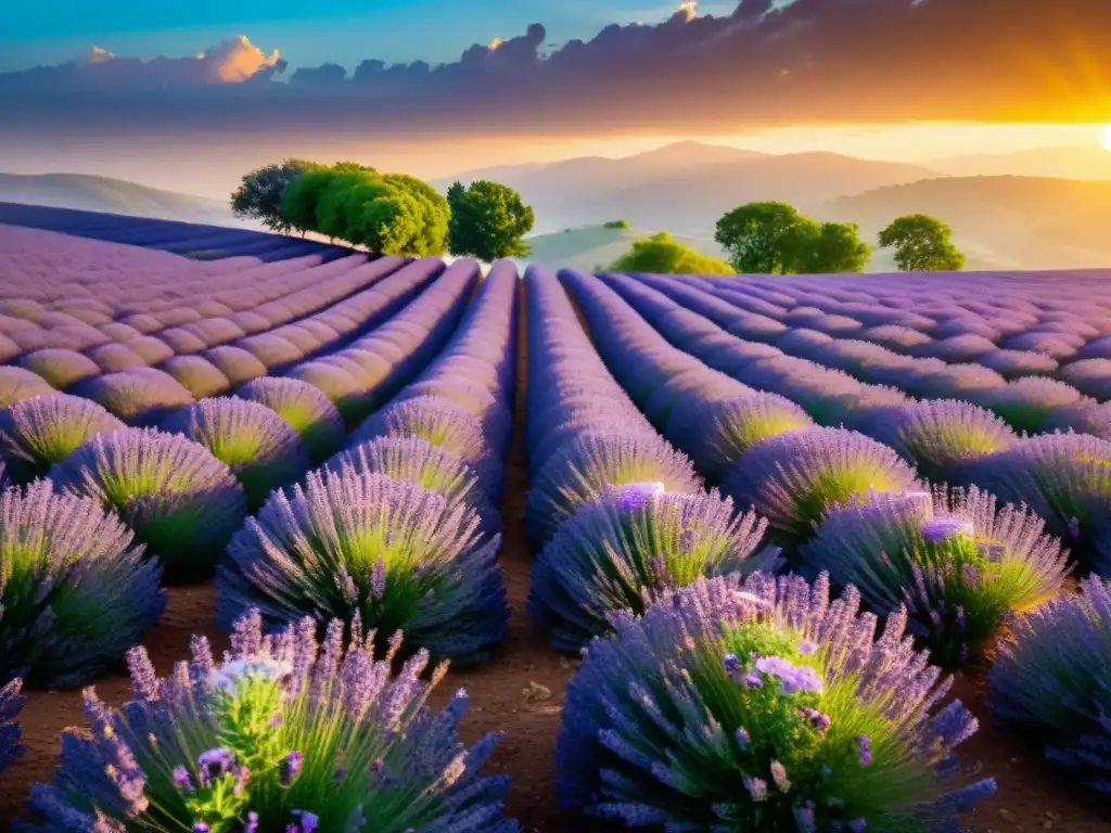 Un campo de lavanda vibrante se extiende por una colina, con el sol poniéndose detrás, creando un cálido resplandor dorado sobre el paisaje