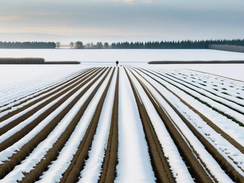 Un campo nevado con hileras de cultivos orgánicos para invierno, crea una atmósfera de tranquilidad y anticipación