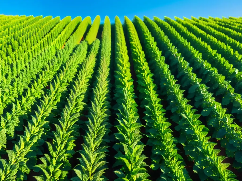 Un campo de quinoa orgánica bañado por el sol, con filas de plantas verdes y un cielo azul