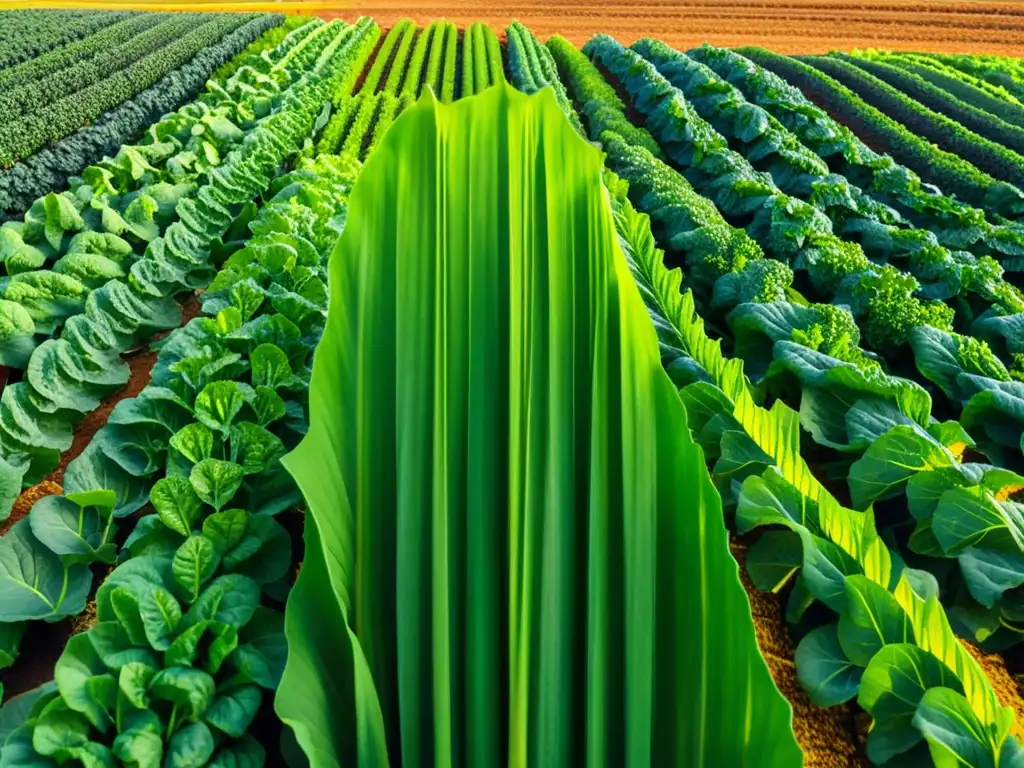 Campo orgánico abundante en vegetales verdes, bañado por cálido sol