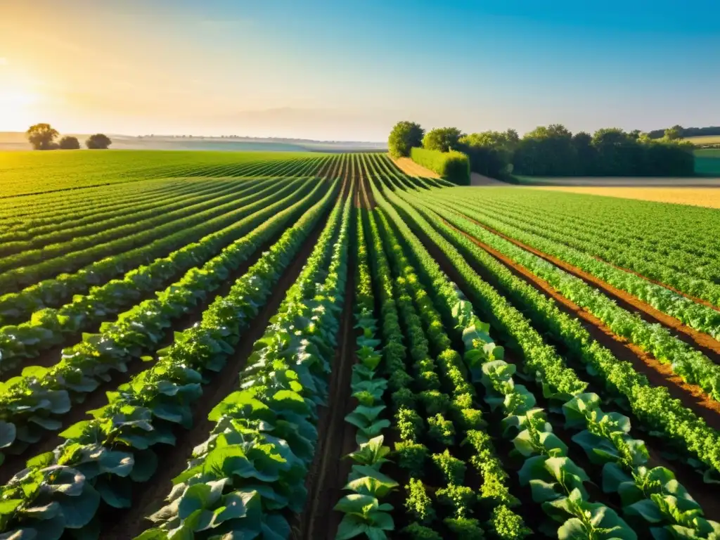 Un campo orgánico bañado por el sol, con cultivos verdes y ordenados que se extienden hacia el horizonte