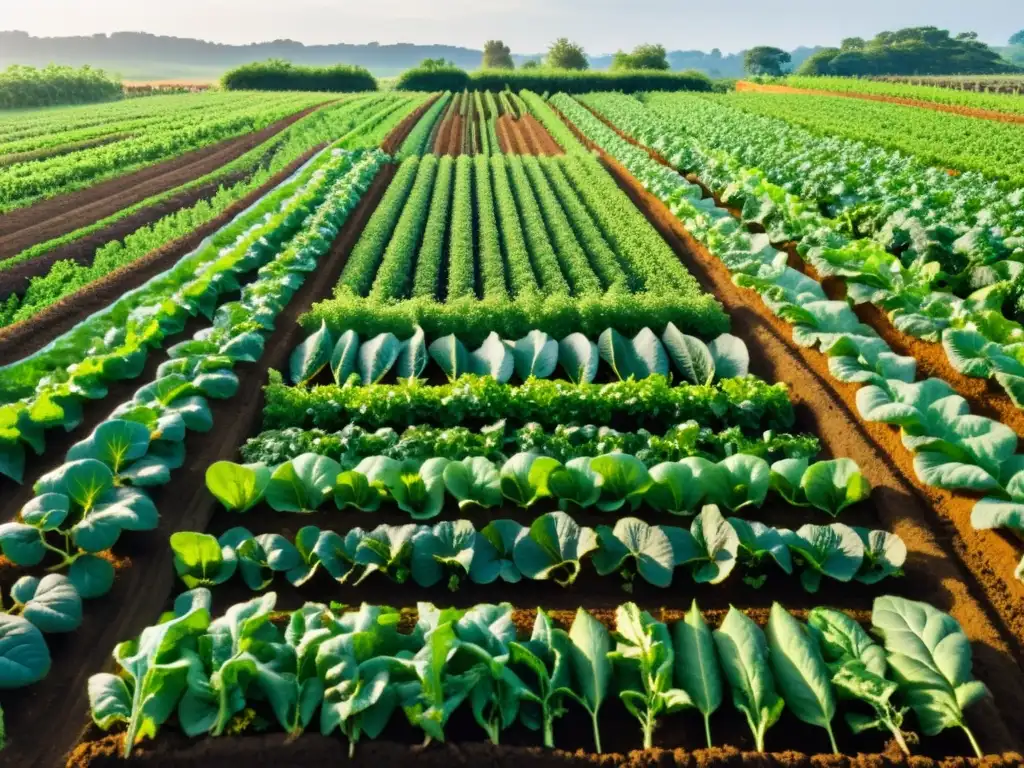 Un campo orgánico bañado por el sol, con vegetales exuberantes y activistas en movimiento por la transparencia en alimentos orgánicos