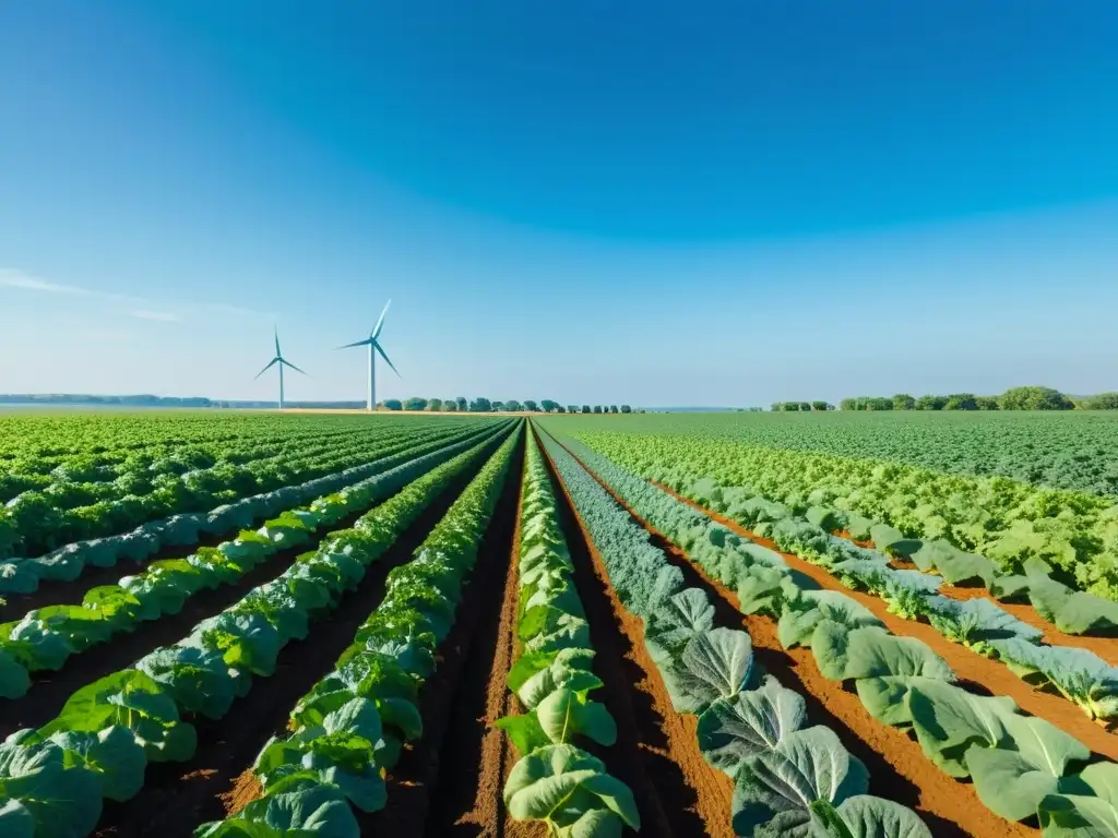 Un campo orgánico bañado por el sol, con hortalizas vibrantes y energía sostenible