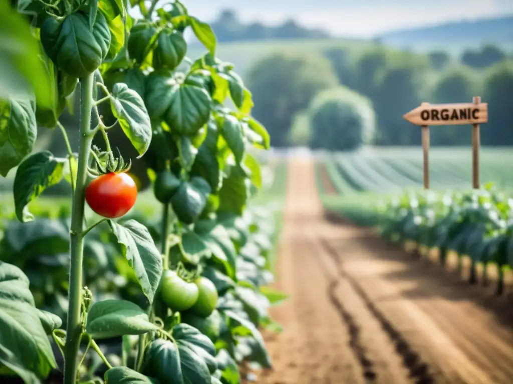 Un campo orgánico bañado por el sol, donde un tomate maduro cuelga de una vid exuberante